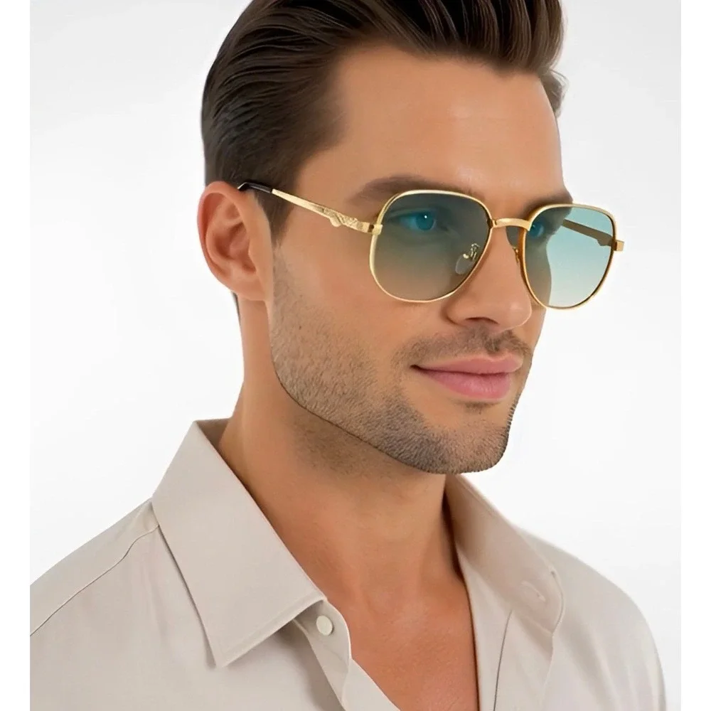 Mens Gold Square Aviator Sunglasses‎ Green Gradient Lens Textured Metal Frames